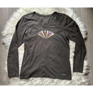 Life Is Good T-Shirt Womens  Size M Gray Long Sleeves V-Neck Logo Graphic Casual